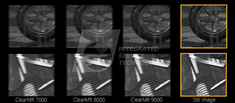 ClearMR Blurry levels of rotating tire, ranging from the lower ClearMR 7000 to the clearer ClearMR 9000. The last image shows a still image, allowing for a comparison of the blur differences.