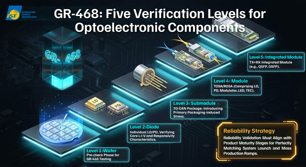 CPO GR468 GR-468 categorizes the Device Under Test (DUT) into multiple Assembly Levels based on the degree of assembly completeness. The evaluation can span from wafers and bare dies to sub-modules and fully integrated optical modules, mapping distinct test conditions and verification depths to each level.