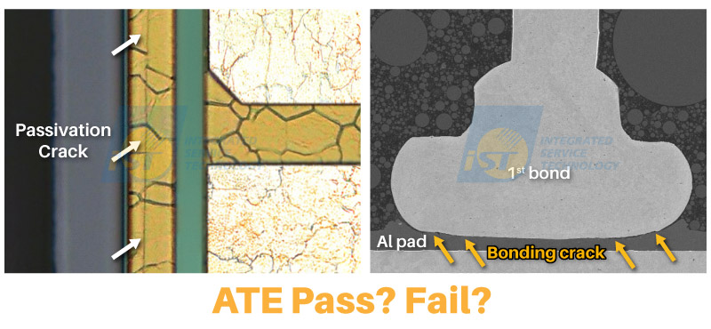 AEC車規 我們透過實際案例指出,有些樣品即使護層已經產生裂紋,打線焊點與鋁墊之間可見裂痕,但在 ATE (Automatic Test Equipment)測試上仍顯示「Pass」。這種「電性正常,但結構已經出現隱憂」的情境,在車用電子中並不少見。